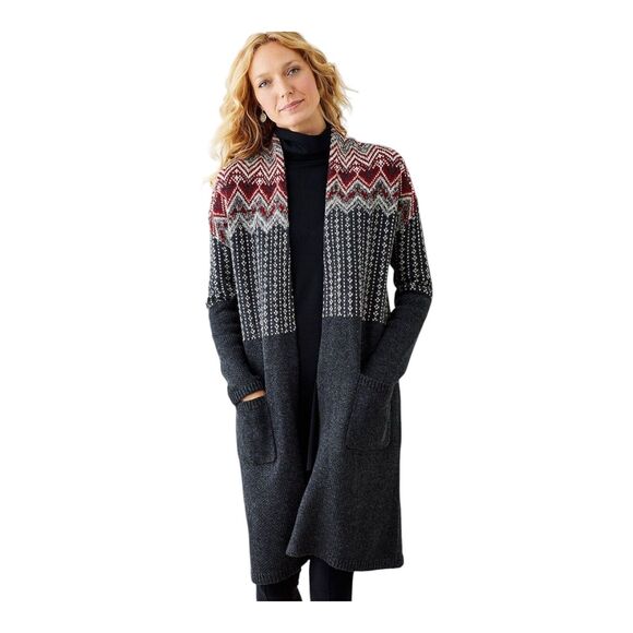 J Jill Cardigan Sweater Long Fair Isl Duster Pockets SMALL Wool Blend - Picture 1 of 5